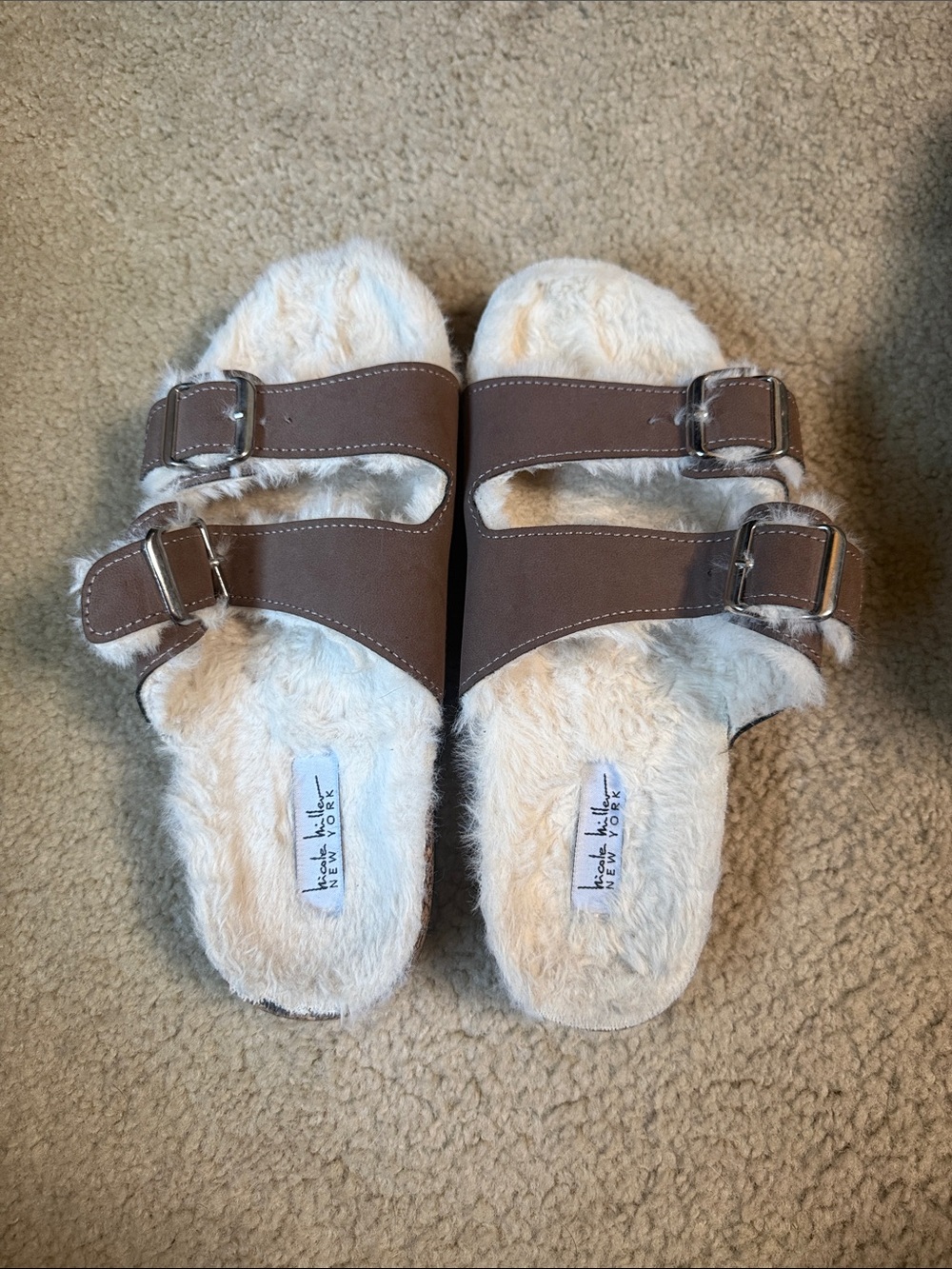 Faux-Fur Lined Brown Slide Sandals